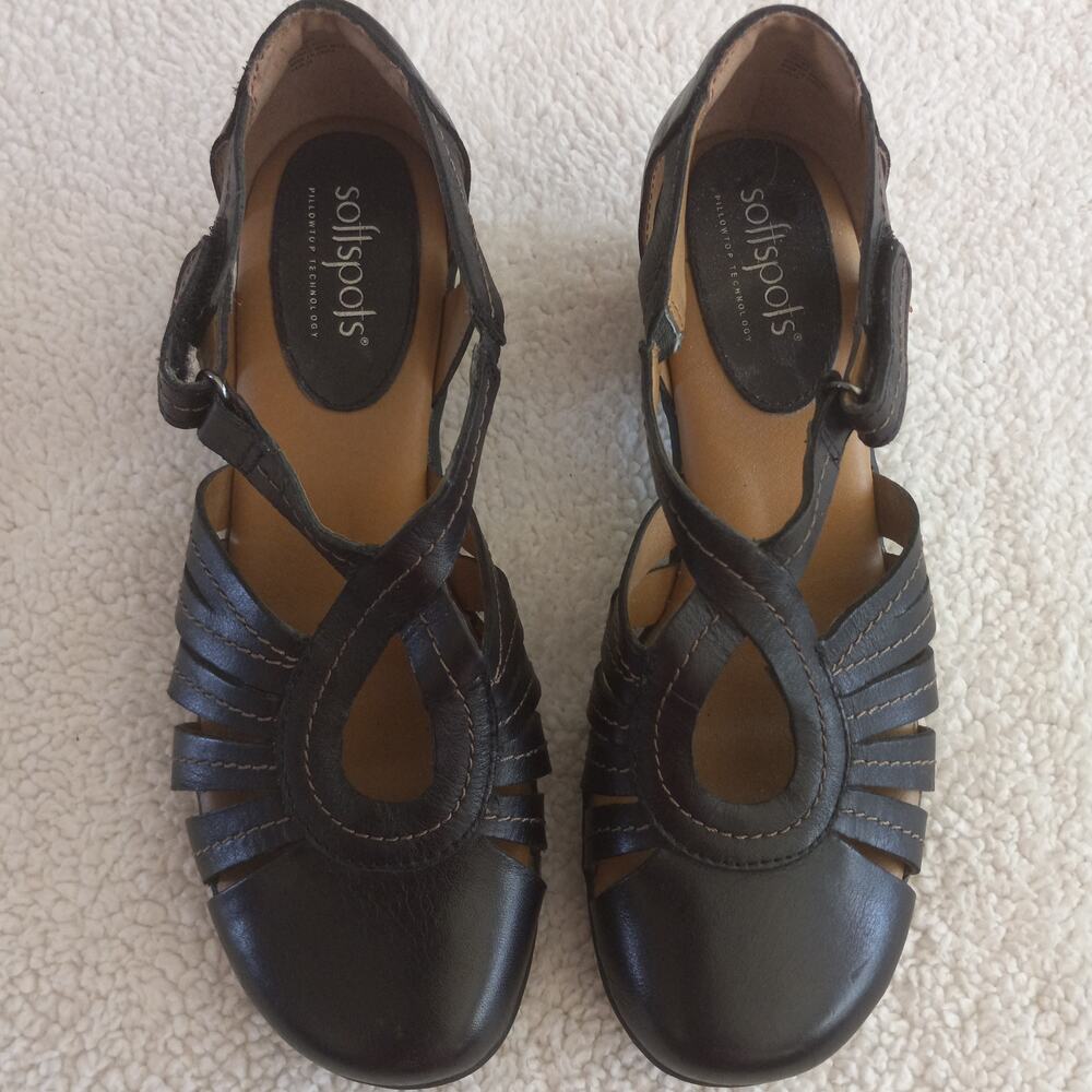 Softspots "Sally" Black Leather Pumps Strappy Sandals Shoes Size 6.5 Wide